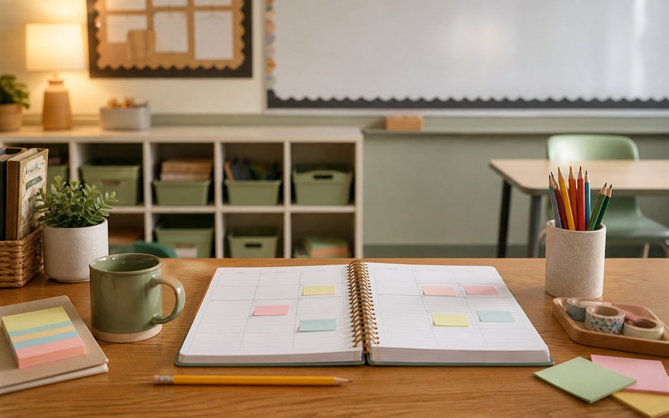 Weekly lesson planning notebook and pen