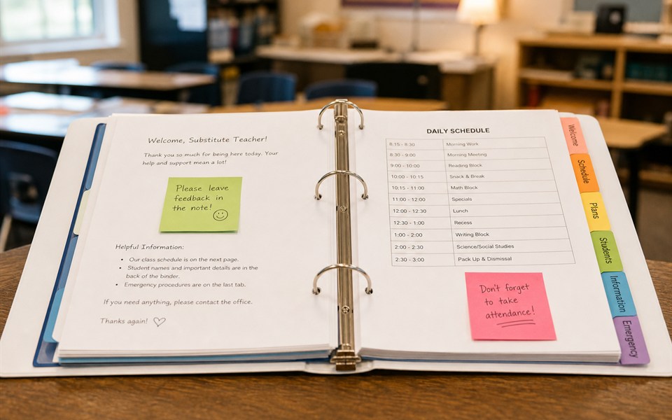 Substitute teacher binder on desk