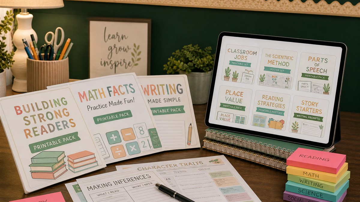 Ready-to-teach classroom resource packs on a teacher desk